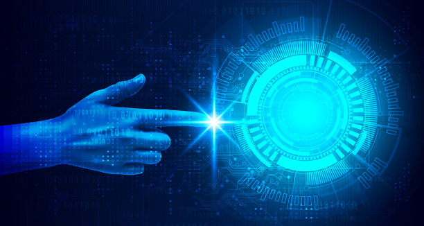 手触数字技术hud蓝绿色背景，网络纳米信息，抽象通信，创新未来科技数据，互联网网络连接，Ai大数据，3d显示插画图片下载