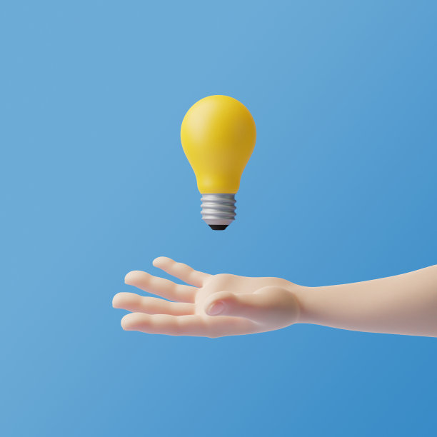 一只卡通的手拿着一个漂浮在空中的灯泡，背景是蓝色的图片下载