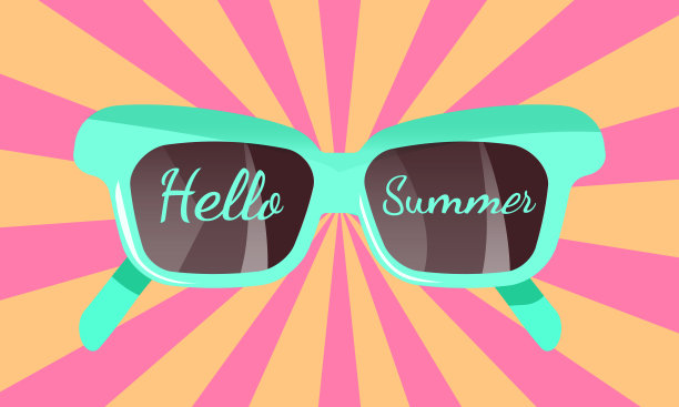 戴着蓝色太阳镜的横幅上写着“你好，萨默”。带有线条的复古背景图片下载