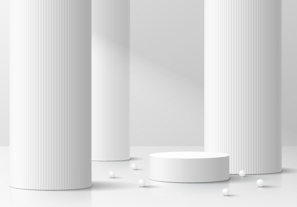 逼真的3D白色灰色圆柱基座基座基座背景与垂直巨大的支柱。墙上最小场景实物产品舞台展示，化妆品横幅推广展示。抽象向量平台。图片下载