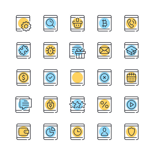 平板电脑线条图标。一组平板电脑图标。黑色，蓝色和黄色。现代线性轮廓平面设计。矢量线图标集图片下载