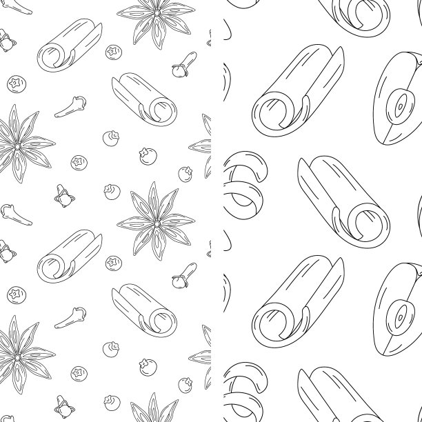 一套2无缝图案与香料和配料的热葡萄酒。手绘线条艺术。每股收益图片下载