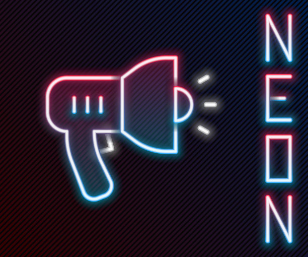 发光的霓虹灯线警察扩音器图标孤立在黑色背景。色彩缤纷的轮廓概念。向量图片下载