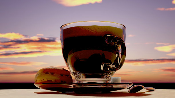 茶与日落图像，立体渲染图片下载