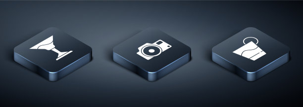 设置等距鸡尾酒和照片相机图标图片下载