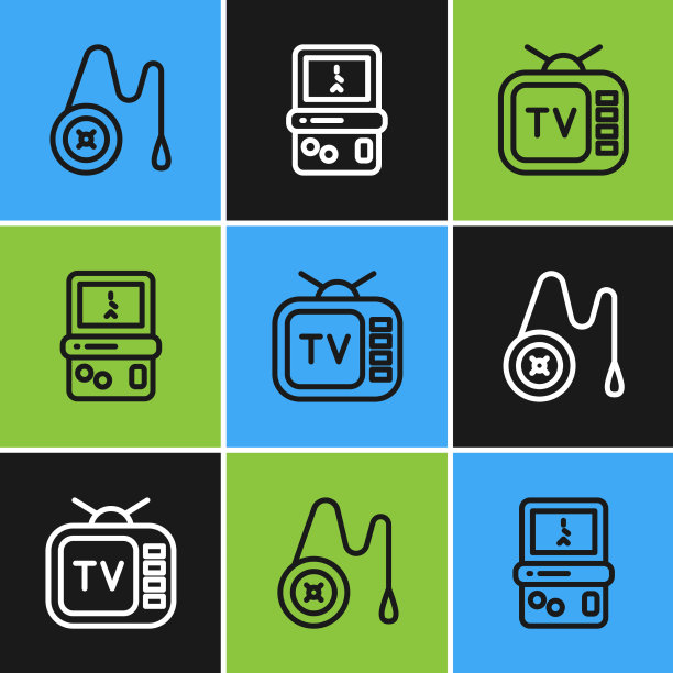 设置线悠悠玩具复古电视和俄罗斯方块图标图片下载