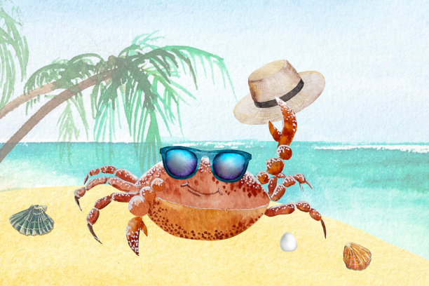 水彩插图，一只可爱的卡通螃蟹戴着眼镜，戴着帽子，在沙滩上与贝壳图片下载