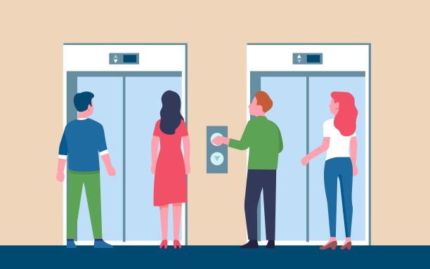 男男女女在等电梯。人们一起站在紧闭的滑动门前。男性和女性在办公室大厅。建筑走廊。按电梯按钮的人。向量的概念图片下载