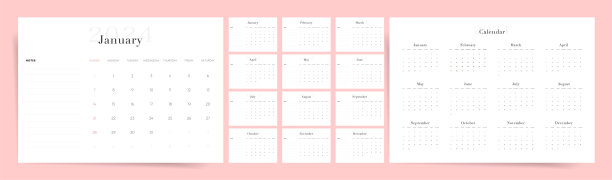 最小的2024日历设计。一周从周日开始。可编辑的干净和优雅的日历页面模板。记笔记的地方。极简主义时尚设计的桌面设计日历计划。一套12个月。图片下载