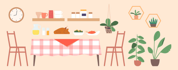 采购产品一套项目表，椅子，烤火鸡和节日餐。盆栽植物，架子与香料和杯子或陶器图片下载