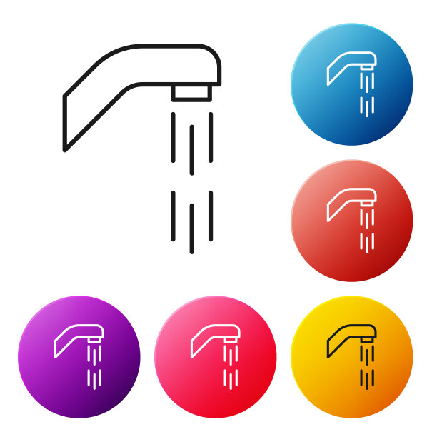 黑线淋浴头与水滴流动图标隔离在白色背景。设置图标彩色圆圈按钮。向量图片下载