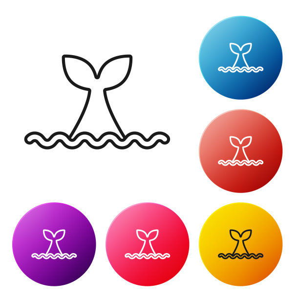 黑线鲸鱼尾巴在海浪图标孤立的白色背景。设置图标彩色圆圈按钮。向量图片下载