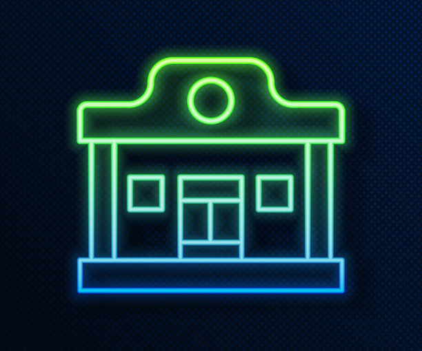 发光的霓虹灯线狂野西部沙龙图标孤立的蓝色背景。老西部大楼。向量图片下载
