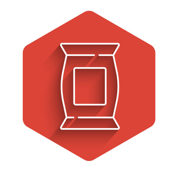 白线袋或包薯片图标隔离长阴影。红色六边形按钮。向量图片下载