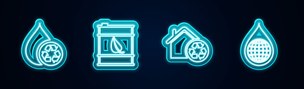 可循环清洁水，生物燃料桶，可循环生态屋和地球行星水滴。发光的霓虹灯图标。向量图片下载