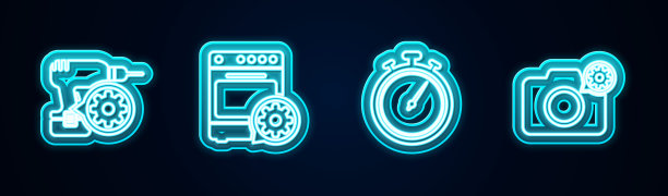 设置钻孔机设置、烤箱设置、秒表设置、相机设置。发光的霓虹灯图标。向量图片下载