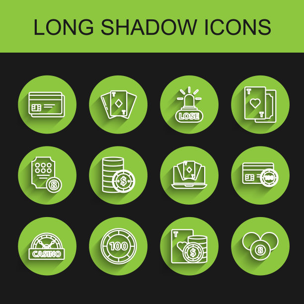 设置线赌场招牌，芯片，信用卡，和打牌，台球台球斯诺克8球，与美元，和在线扑克桌游戏图标。向量图片下载