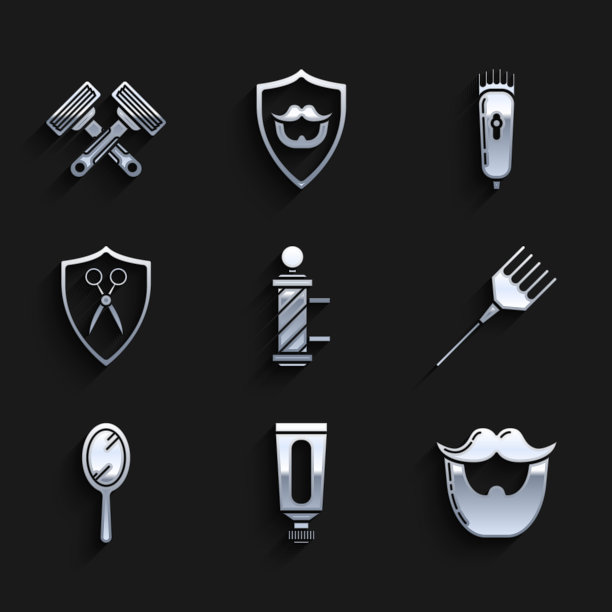 集经典理发店杆子，奶油或乳液化妆品管，胡子和胡子，发刷，手镜，剪刀理发师盾牌，电动剪刀剃须刀和交叉剃须剃刀图标。向量图片下载