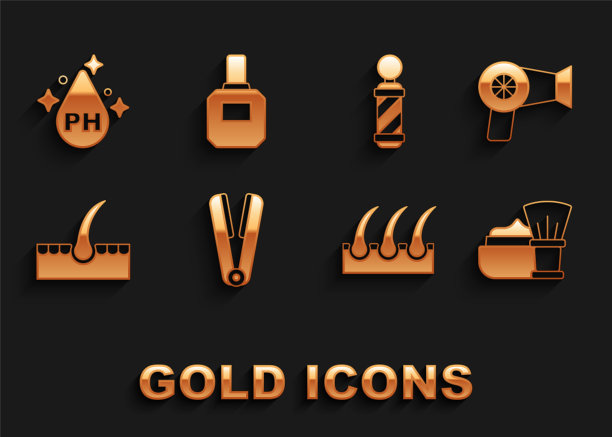 集卷发铁的头发，吹风机，剃须刷与泡沫，人类毛囊，经典理发店杆，油护理治疗和须后水图标。向量图片下载