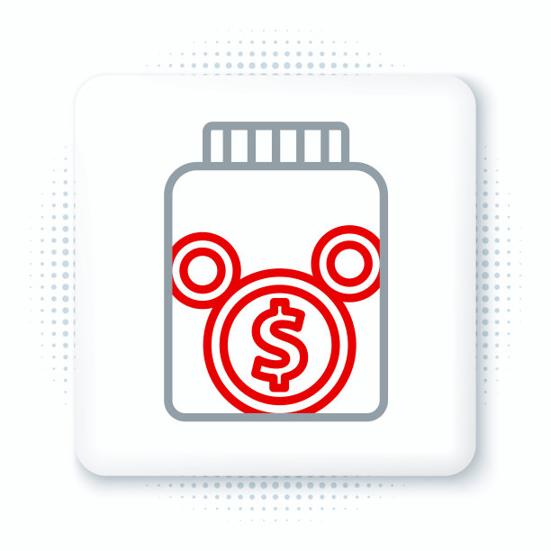 线玻璃钱罐与硬币图标隔离在白色背景。图标储蓄或积累金钱，投资。色彩缤纷的轮廓概念。向量图片下载