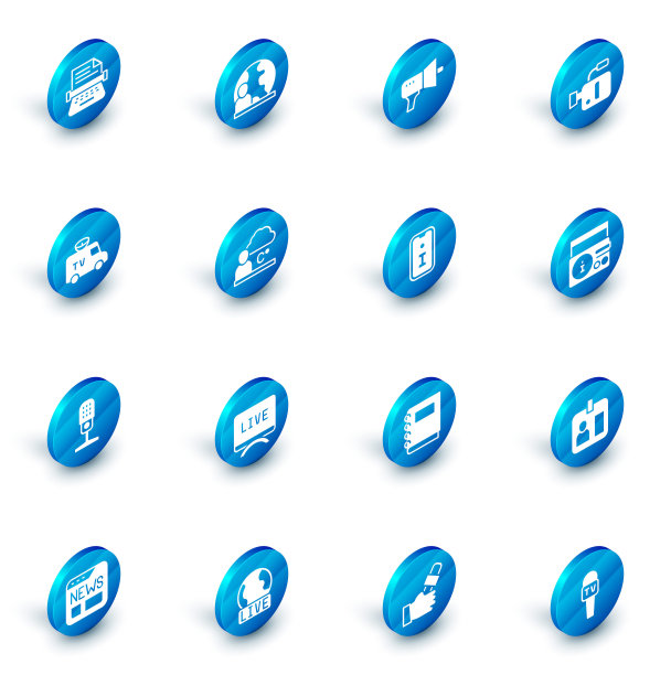 集世界新闻，扩音器，电影摄像机，电视新闻车，麦克风，天气预报，广播频道和信息图标。向量图片下载