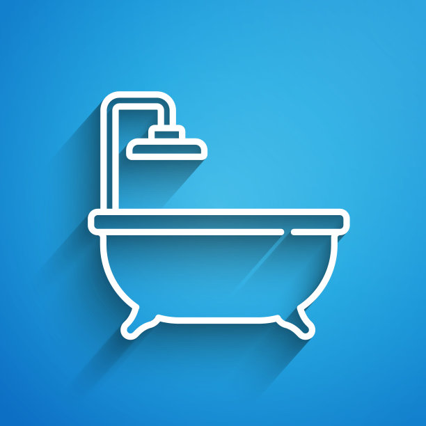 白线浴缸图标孤立在蓝色背景。长长的阴影。向量图片下载