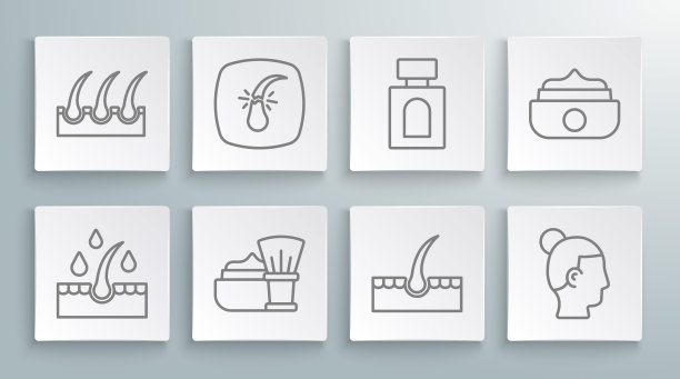 设线油头发护理治疗，破毛囊，剃须刷与泡沫，人类，发型，须后水，啫喱蜡造型和图标。向量图片下载