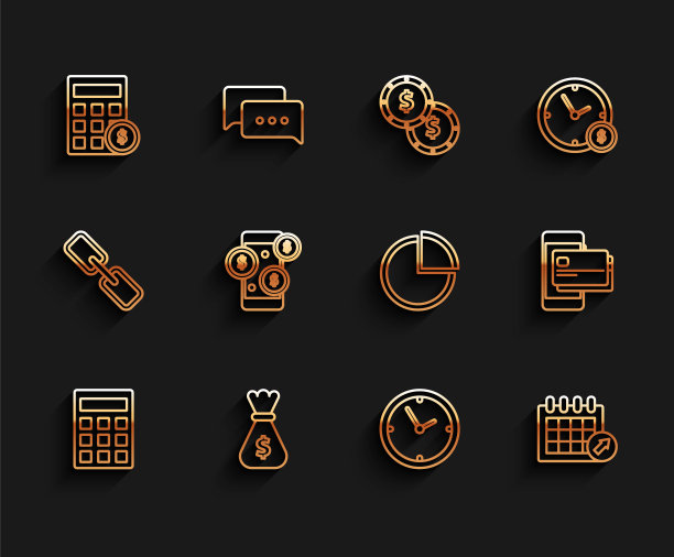 设置线计算器，钱袋，与美元符号，时钟，日历，智能手机，手机和信用卡和饼图信息图图标。向量图片下载