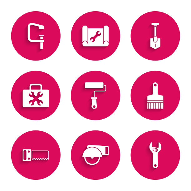 设置油漆滚筒刷，电动圆锯，可调扳手，手，工具箱，铲和钳螺丝工具图标。向量图片下载