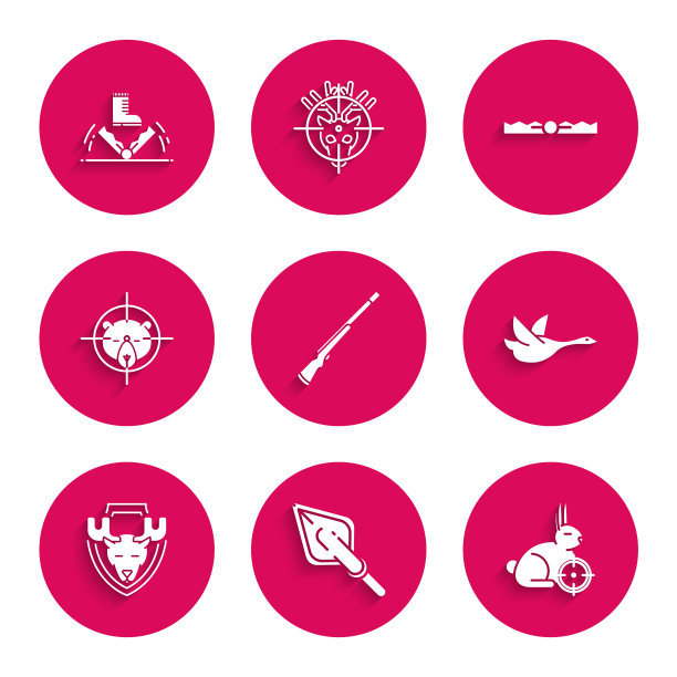 集狩猎枪，时髦的箭头提示，对兔子与准星，飞鸭，驼鹿头盾，熊，陷阱狩猎和图标。向量图片下载