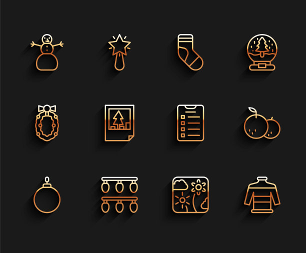 设置线圣诞球，灯，雪人，烟花火箭，毛衣，明信片，橘子和新年目标列表图标。向量图片下载