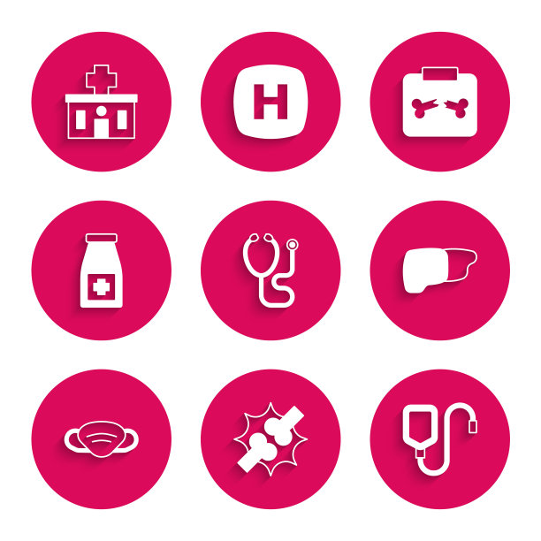 集听诊器，关节痛，膝关节痛，静脉输液袋，人体器官肝脏，医用防护口罩，药瓶和药片，骨折x光片和医院建筑标志。向量图片下载