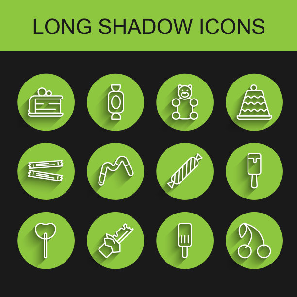 设置线棒棒糖，咬巧克力棒，一块蛋糕，冰淇淋，樱桃，果冻蠕虫糖果，糖果图标。向量图片下载