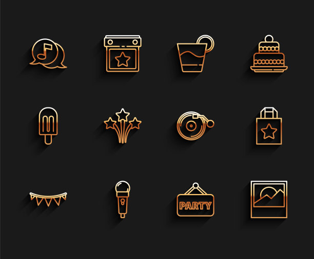 设置线嘉年华花环与旗帜，麦克风，音符在演讲泡沫，招牌派对，照片，烟花，纸购物袋和乙烯基播放器磁盘图标。向量图片下载