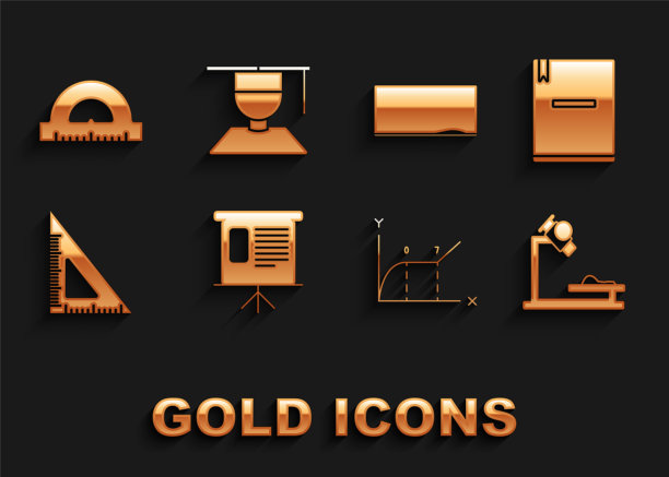 集演示财务板与图形，饼图，笔记本，显微镜，饼，三角尺，黑板，量角器网格测量度和毕业生和毕业帽图标。向量图片下载