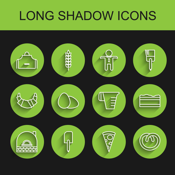 集线砖炉，抹刀，厨房围裙，披萨片，椒盐卷饼，鸡蛋，布朗尼巧克力蛋糕和量杯图标。向量图片下载