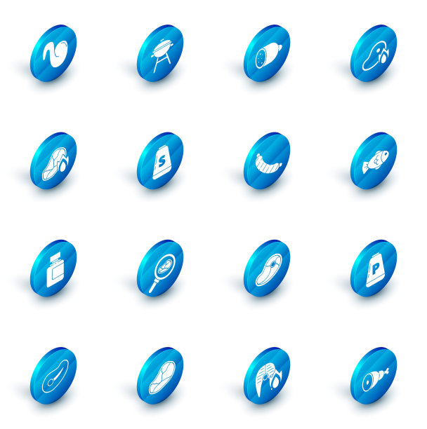 集烧烤架，腊肠，烤牛排肉和火火焰，酱汁瓶，盐，鱼和香肠图标。向量图片下载