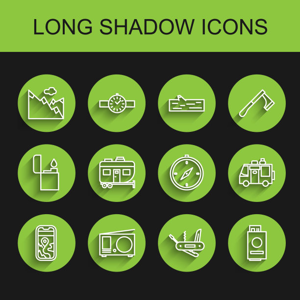 集线城市地图导航，无线电与天线，山脉，瑞士军刀，护照票，房车露营拖车，和指南针图标。向量图片下载