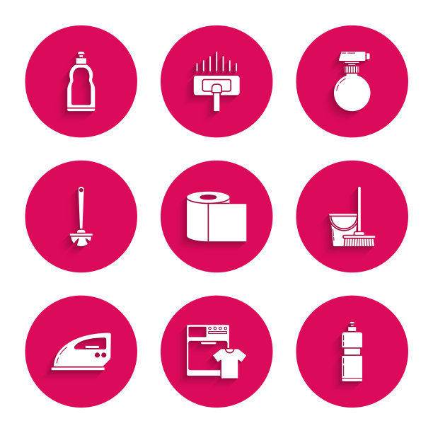 套装卫生纸卷，洗衣机和t恤，洗洁精塑料瓶，拖把桶，电熨斗，刷子和图标。向量图片下载