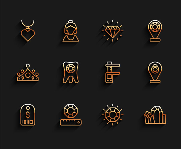 价格标签与美元，宝石，项链心形吊坠，钻石，牙齿钻石，珠宝店和卡尺卡尺和刻度图标。向量图片下载