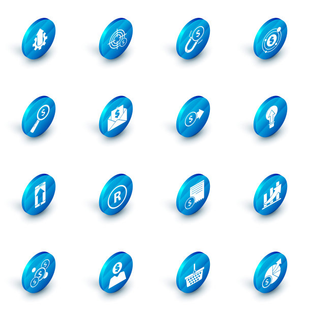 设定目标与美元符号，磁铁钱，放大镜和，智能手机，手机，信封硬币，灯泡和硬币图标。向量图片下载