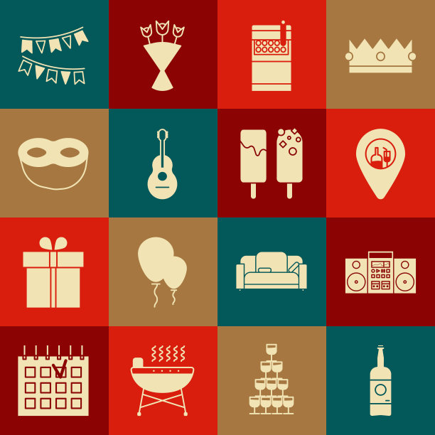 设置啤酒瓶，家庭音响与两个扬声器，酒精或啤酒酒吧的位置，打开香烟包装盒，吉他，节日面具，嘉年华花环旗帜和冰淇淋图标。向量图片下载