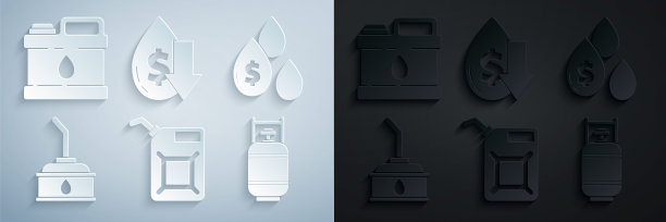 设置汽油罐，油滴与美元符号，机油，丙烷罐，原油价格下降和图标。向量图片下载