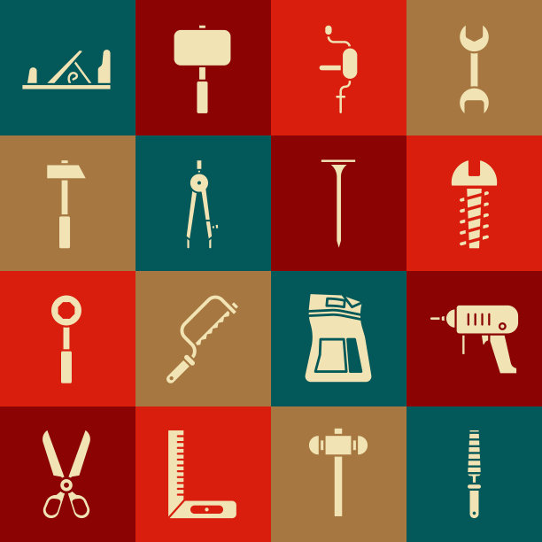 集凿子工具的木材，电钻机床，金属螺丝，手，绘图罗盘，锤子，木平面和钉子图标。向量图片下载