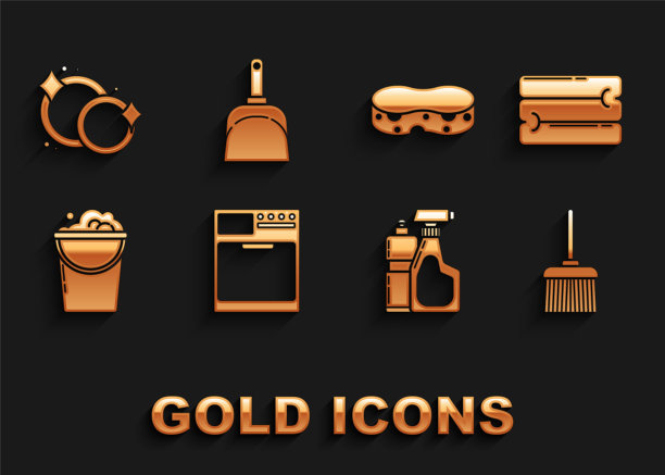 集洗衣机，毛巾堆，处理扫帚，塑料瓶的液体洗洁精，桶与泡沫泡沫，海绵，洗碗和簸箕图标。向量图片下载