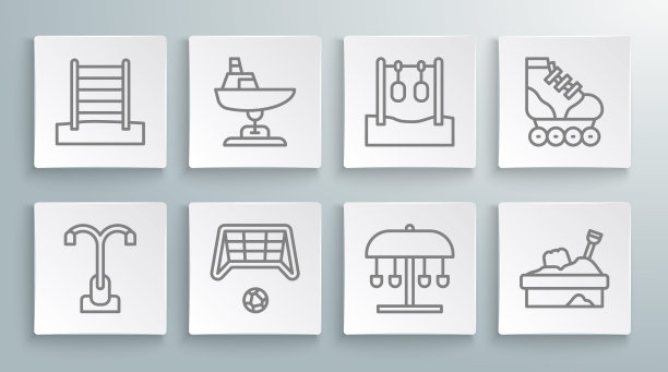 设置线路灯，摇摆船，足球目标与球，吸引旋转木马，沙盒沙，体操环，轮滑和瑞典墙图标。向量图片下载