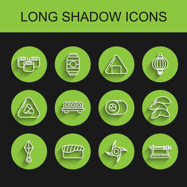 设定线日本忍者神剑，寿司，传统武士刀，砧板，中国幸运饼干和图标。向量图片下载