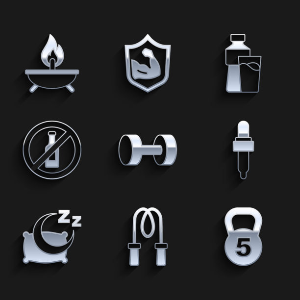 设置哑铃，跳绳，重量，移液器与油，时间睡觉，无酒精，瓶装水杯和芳香蜡烛图标。向量图片下载