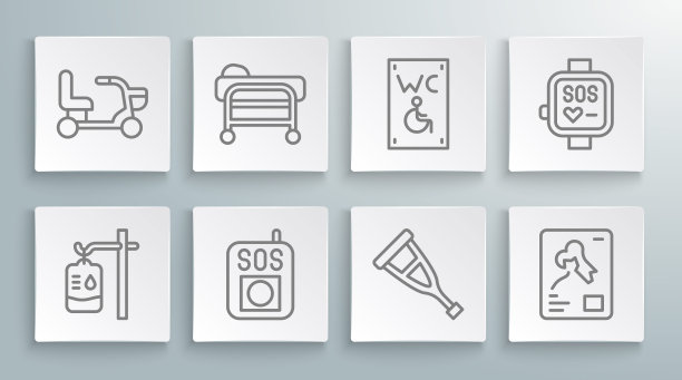 设置静脉输液袋，担架，按下SOS按钮，拐杖或拐杖，x光镜头，残疾人专用厕所，智能手表和电动轮椅图标。向量图片下载