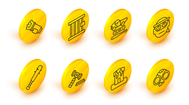 设置线手铐，纵火，法官木槌，带钉子的棒球棒，强盗，汽车盗窃，监狱窗户和警察电击图标。向量图片下载